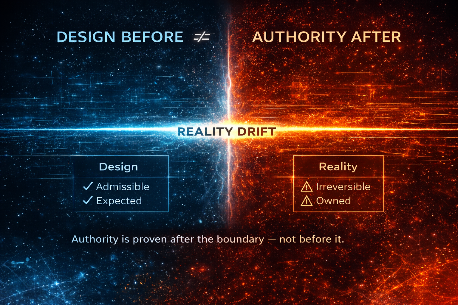 Reality Drift Boundary diagram contrasting design before with authority after consequence
